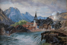 Load image into Gallery viewer, Antique Alpine Village Watercolour Landscape Painting – Ornate Gilt Frame – Mountain Scene – 67 x 53cm
