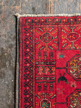 Load image into Gallery viewer, 3'8" x 1'11" - Vintage Afghan Turkmen Hand-Knotted Wool Rug - Deep Madder Red - 112 x 59 cm
