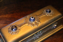 Load image into Gallery viewer, Antique Brass Trinket Box With Banded Agate Cabochons - Jewellery Casket - Victorian Box - 28cm

