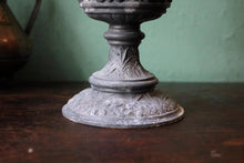 Load image into Gallery viewer, Antique Victorian Cosmos Brenner Oil Lamp – Ornate Cast Metal Table Lamp With Frosted Pink Frilled Shade – Working – 13.8" (35 cm)
