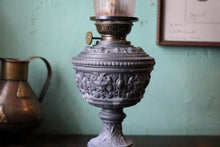 Load image into Gallery viewer, Antique Victorian Cosmos Brenner Oil Lamp – Ornate Cast Metal Table Lamp With Frosted Pink Frilled Shade – Working – 13.8" (35 cm)
