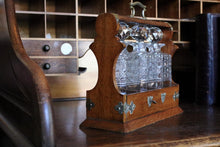 Load image into Gallery viewer, Antique Oak Tantalus With Three Cut Crystal Decanters – Locking Spirit Cabinet
