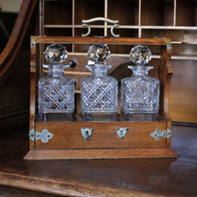Load image into Gallery viewer, Antique Oak Tantalus With Three Cut Crystal Decanters – Locking Spirit Cabinet
