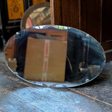 Load image into Gallery viewer, Vintage Art Deco Frameless Oval Wall Mirror – Bevelled Edge With Chrome Clips – Original Chain – 25.6" x 14.6" (65 x 37 cm)
