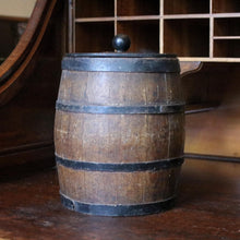 Load image into Gallery viewer, Antique Coopered Oak Biscuit Barrel With Lid - Victorian Wooden Storage Barrel - 24cm

