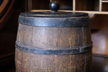 Load image into Gallery viewer, Antique Coopered Oak Biscuit Barrel With Lid - Victorian Wooden Storage Barrel - 24cm
