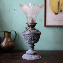 Load image into Gallery viewer, Antique Victorian Cosmos Brenner Oil Lamp – Ornate Cast Metal Table Lamp With Frosted Pink Frilled Shade – Working – 13.8" (35 cm)
