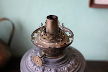 Load image into Gallery viewer, Antique Victorian Cosmos Brenner Oil Lamp – Ornate Cast Metal Table Lamp With Frosted Pink Frilled Shade – Working – 13.8" (35 cm)
