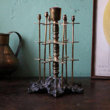 Load image into Gallery viewer, Antique Brass Cotton Reel Stand With Pin Cushion – Ornate Cast Metal Base – Sewing Bobbin Holder
