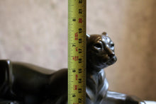 Load image into Gallery viewer, Art Deco Cubist Bronze Panther Sculpture – Reclining Big Cat on White Marble Plinth
