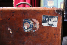 Load image into Gallery viewer, Vintage Leather Travel Suitcase With Original Hotel Labels – Large 1930s Steamer Luggage
