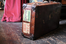 Load image into Gallery viewer, Vintage Leather Travel Suitcase With Original Hotel Labels – Large 1930s Steamer Luggage
