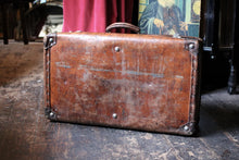 Load image into Gallery viewer, Vintage Leather Travel Suitcase With Original Hotel Labels – Large 1930s Steamer Luggage
