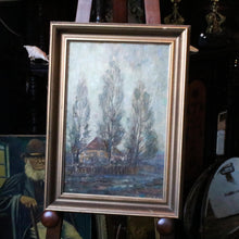 Load image into Gallery viewer, Vintage Mid-Century Landscape Oil Painting – Cottage and Tall Trees – Framed Original Art
