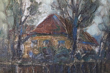 Load image into Gallery viewer, Vintage Mid-Century Landscape Oil Painting – Cottage and Tall Trees – Framed Original Art
