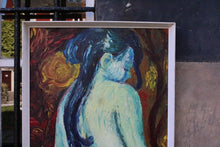 Load image into Gallery viewer, Vintage Expressionist Female Nude Painting – Blue Figure With Long Dark Hair – Impasto Oil Painting
