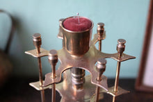 Load image into Gallery viewer, Antique Brass Cotton Reel Stand With Pin Cushion – Ornate Cast Metal Base – Sewing Bobbin Holder
