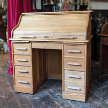 Load image into Gallery viewer, Antique Oak Roll Top Desk – Tambour Front Twin Pedestal Writing Desk – Early 20th Century
