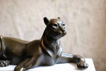 Load image into Gallery viewer, Art Deco Cubist Bronze Panther Sculpture – Reclining Big Cat on White Marble Plinth
