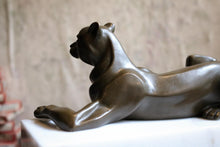 Load image into Gallery viewer, Art Deco Cubist Bronze Panther Sculpture – Reclining Big Cat on White Marble Plinth
