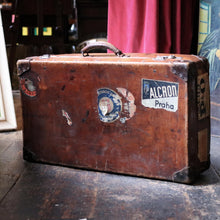 Load image into Gallery viewer, Vintage Leather Travel Suitcase With Original Hotel Labels – Large 1930s Steamer Luggage
