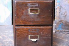 Load image into Gallery viewer, Vintage Wooden Two Drawer Filing Cabinet - Card Index Desktop Storage - Brass Label Holders
