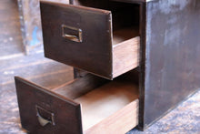 Load image into Gallery viewer, Vintage Wooden Two Drawer Filing Cabinet - Card Index Desktop Storage - Brass Label Holders
