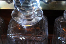 Load image into Gallery viewer, Antique Mahogany 3 Bottle Tantalus - Cut Glass Decanters - Silver Plated Fittings
