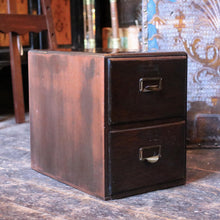 Load image into Gallery viewer, Vintage Wooden Two Drawer Filing Cabinet - Card Index Desktop Storage - Brass Label Holders
