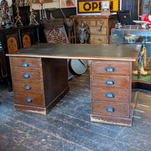 Load image into Gallery viewer, Large Vintage Twin Pedestal Desk – Partners Desk – Green Leather Writing Top – Industrial Office Desk
