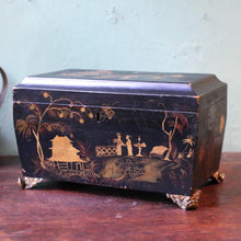 Load image into Gallery viewer, Antique Chinoiserie Black Lacquer Box - Painted Figures - Gilt Metal Feet - c.1900
