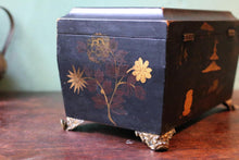 Load image into Gallery viewer, Antique Chinoiserie Black Lacquer Box - Painted Figures - Gilt Metal Feet - c.1900
