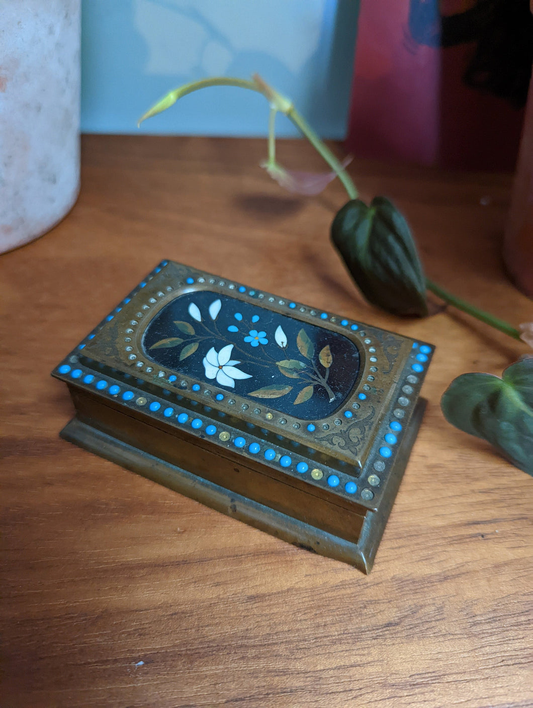 Antique Brass Trinket Box With Pietra Dura Medallion