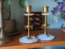 Load image into Gallery viewer, A pair of early 20thC Continental brass and marble candlesticks
