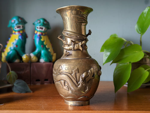 Vintage Brass Chinese Dragon Vase