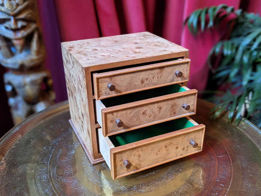 Vintage Miniature Burl Wood Drawer Cabinet