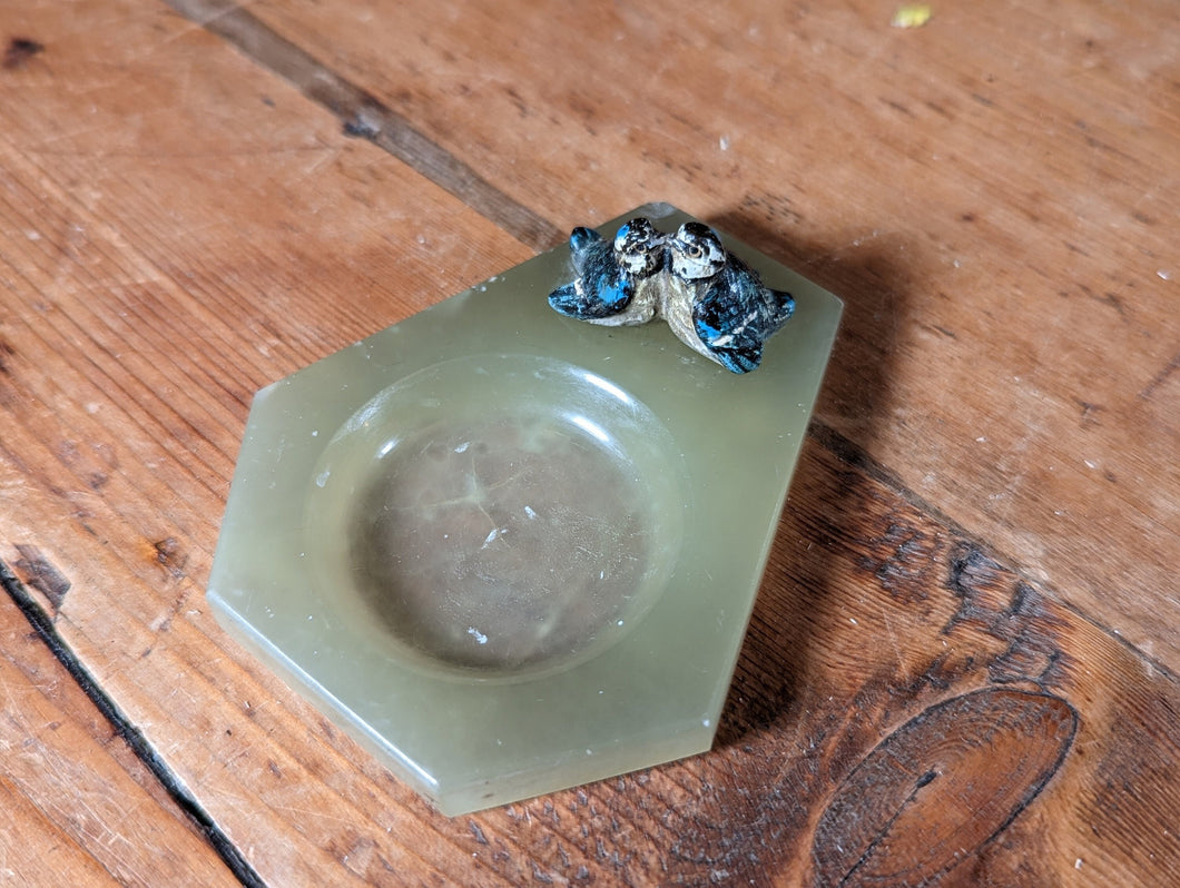 Jade Ring Dish with Cold Painted Bronze Birds