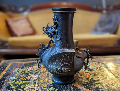 Unusual Antique Japanese Champleve Bronze Vase in Form of Cock