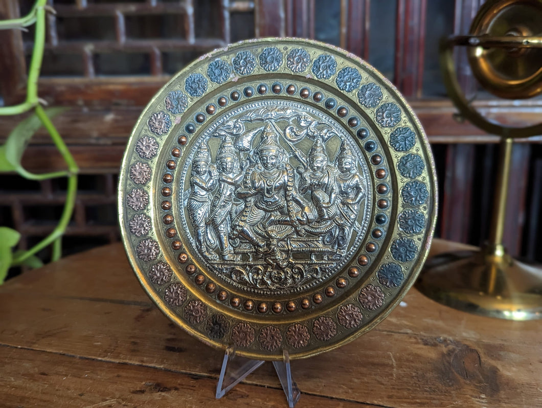 Antique Indian Hindu Copper Engraved Charger / Plate - Shashti