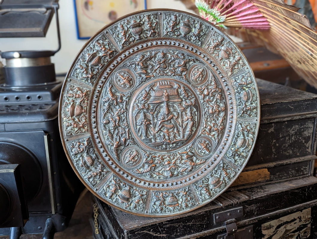 Antique Indian Hindu Copper Engraved Charger / Plate