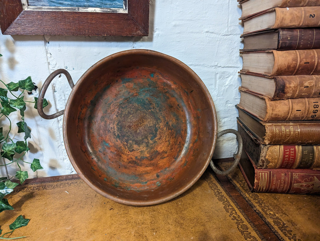 Large Original French 19th Century Antique Copper Pan / Pot With Solid Brass Handles