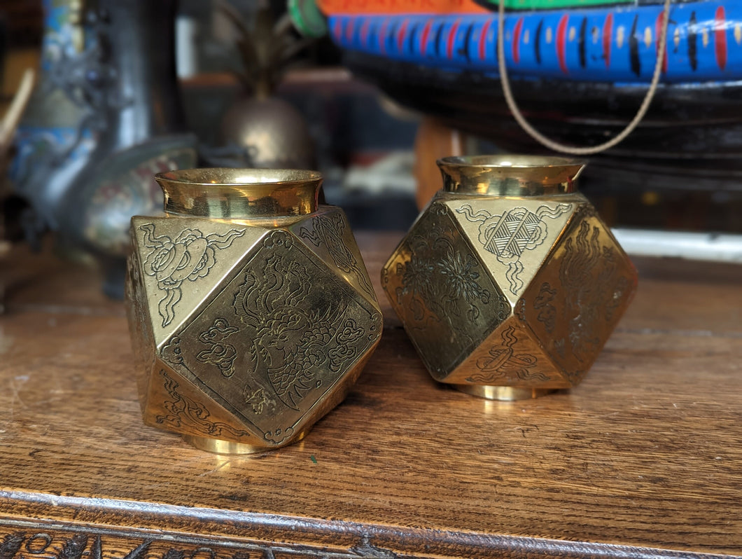 Pair of Early 20th.C Brass Hexagonal Japanese Vases
