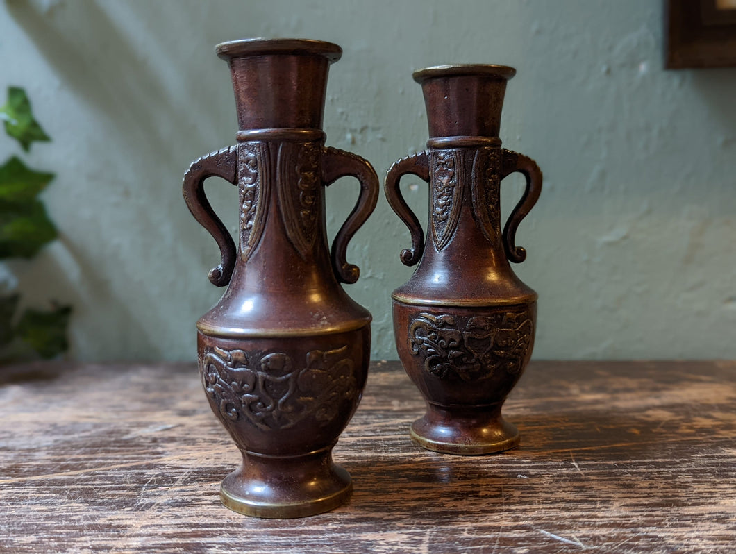 Pair of Small Meiji Period Bronze Japanese Vases