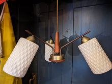 Load image into Gallery viewer, Mid Century Brass, Teak and Glass Ceiling Lamp
