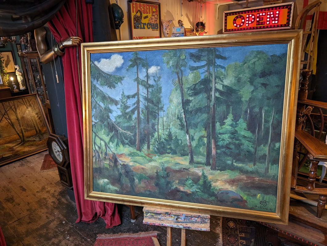 XL 1930's Danish Impressionistic Oil Painting of Forrest in Gilt Frame - 138 x 114cm