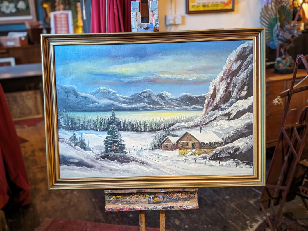 Vintage Danish Oil Painting of Snowy Landscape