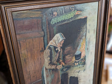Load image into Gallery viewer, 1930 Danish Interior Oil Painting  - Old Lady Cooking - 57 x 39cm
